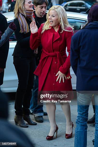 Actress Megan Hilty enters the "Smash" movie set in Times Square on February 4, 2013 in New York City.