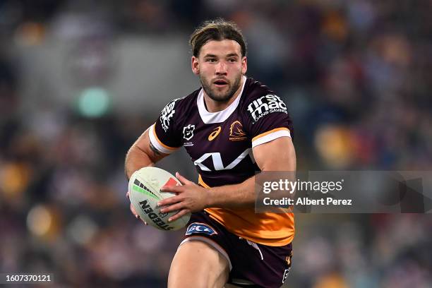 Patrick Carrigan of the Broncos in action during the round 24 NRL match between the Brisbane Broncos and Parramatta Eels at The Gabba on August 11,...