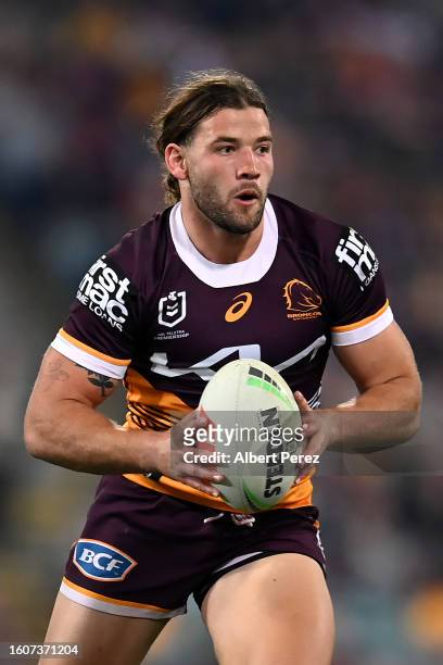 Patrick Carrigan of the Broncos in action during the round 24 NRL match between the Brisbane Broncos and Parramatta Eels at The Gabba on August 11,...