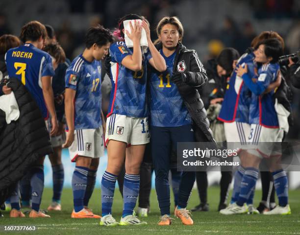 Jun Endo and Mina Tanaka of Japan in tears after losing the FIFA Women's World Cup Australia & New Zealand 2023 Quarter Final match between Japan and...