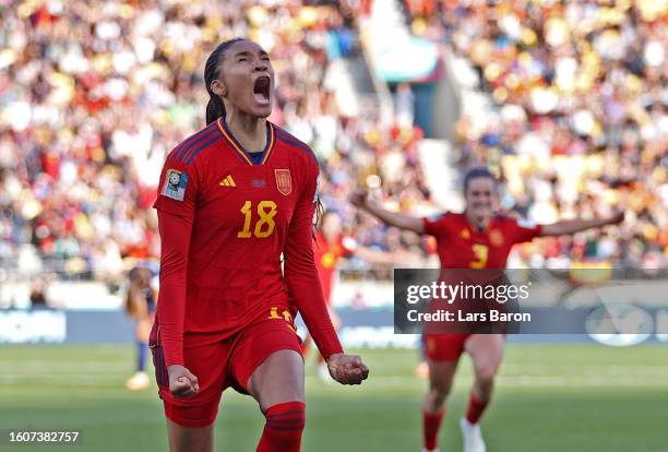 Salma Paralluelo of Spain celebrates after scoring her team's second goal during the FIFA Women's World Cup Australia & New Zealand 2023 Quarter...