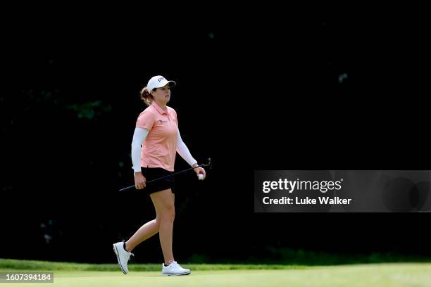 Ally Ewing of the United States looks on during the 3rd hole on Day Two of the AIG Women's Open at Walton Heath Golf Club on August 11, 2023 in...