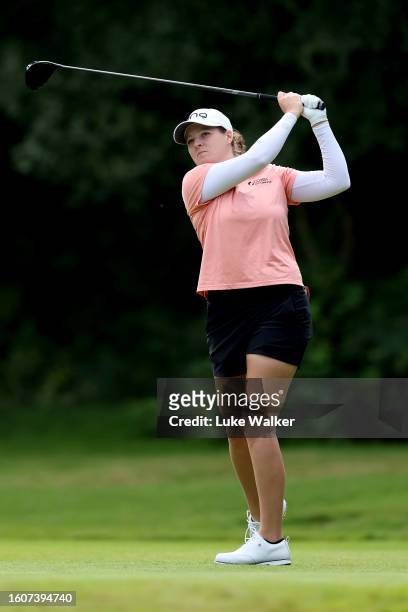 Ally Ewing of the United States plays her tee shot on the 7th hole on Day Two of the AIG Women's Open at Walton Heath Golf Club on August 11, 2023 in...