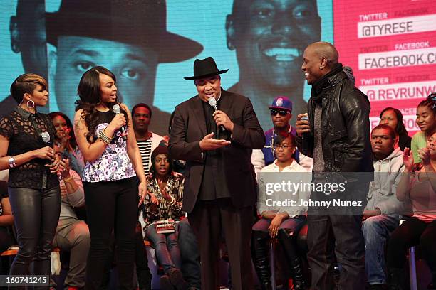 Ms. Mykie and Kimberly 'Paigion' Walker host BET's "106 & Park" with celebrity guests Rev Run and Tyrese, at 106 & Park Studio on February 4 in New...