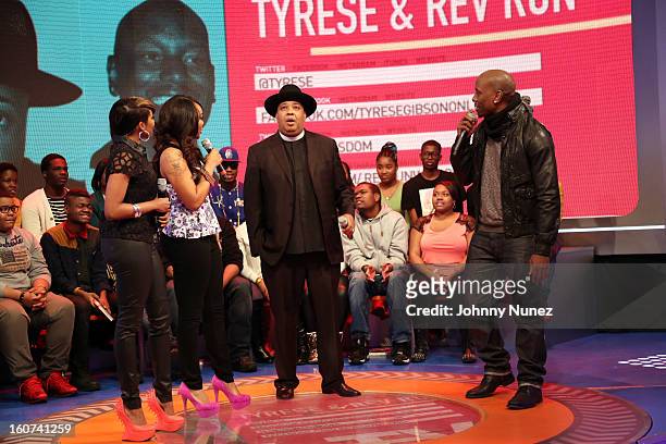 Ms. Mykie and Kimberly 'Paigion' Walker host BET's "106 & Park" with celebrity guests Rev Run and Tyrese, at 106 & Park Studio on February 4 in New...