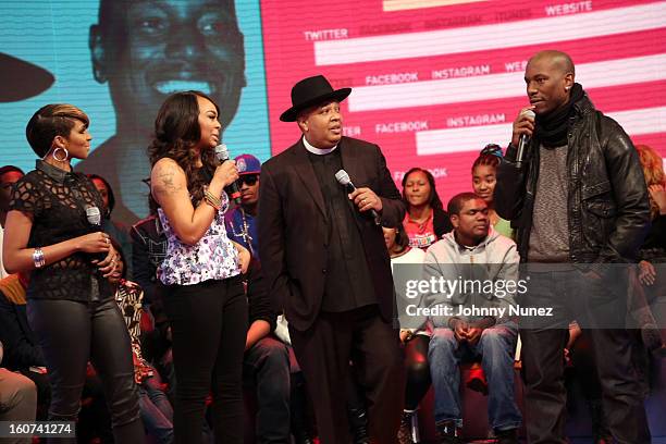 Ms. Mykie and Kimberly 'Paigion' Walker host BET's "106 & Park" with celebrity guests Rev Run and Tyrese, at 106 & Park Studio on February 4 in New...