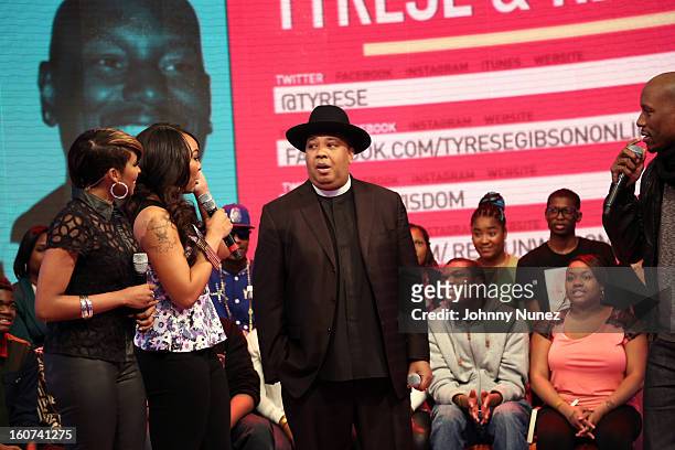 Ms. Mykie and Kimberly 'Paigion' Walker host BET's "106 & Park" with celebrity guests Rev Run and Tyrese, at 106 & Park Studio on February 4 in New...