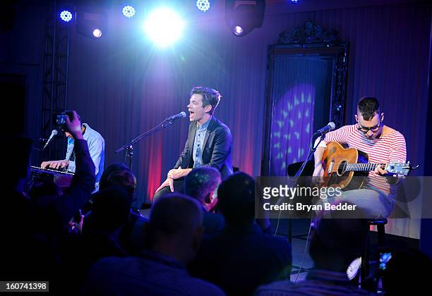 Musicians Andrew Dost, Nate Ruess, and Jack Antonoff of the band Fun. Perform a private concert to celebrate Delta Air Lines' Nonstop NYC challenge...