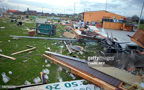 Wreckages from a soccer field damaged by a whirlwind is seen in the village of Oosterzele, East-Flanders, on February 5, 2013. AFP PHOTO/BELGA/ WIM...
