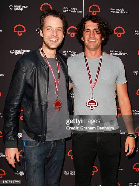 Hamish Blake and Andy Lee pose as they arrive at a party to celebrate the Mushroom Group's 40th anniversary at Thousand Pound Bend on February 5,...