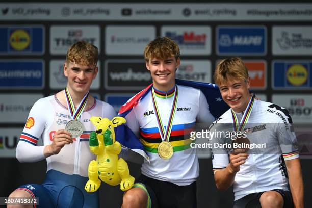 Silver medalist Ben Wiggins of The United Kingdom, gold medalist Oscar Chamberlain of Australia and bronze medalist Louis Leidert of Germany pose on...