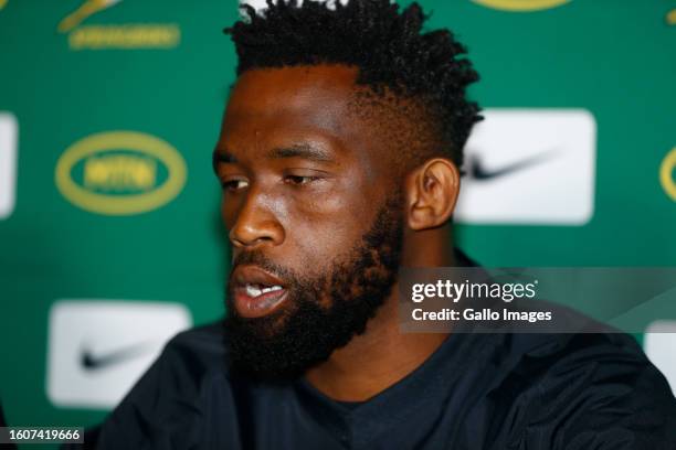 Siya Kolisi of South Africa during the South Africa men's national rugby team captain's media conference at St. David's Cardiff Hotel on August 18,...