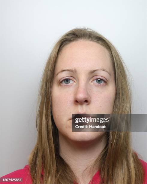 In this handout photo provided by Cheshire Constabulary, Lucy Letby has a headshot taken while in police custody in November 2020. Letby, a former...