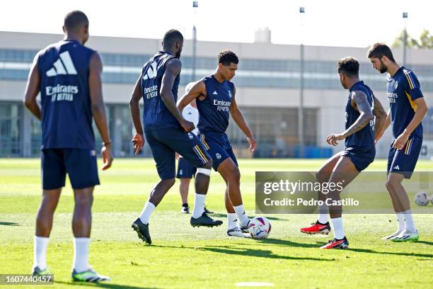 The Real Madrid squad during a training session at Valdebebas training ground on August 11, 2023 in Madrid, Spain.