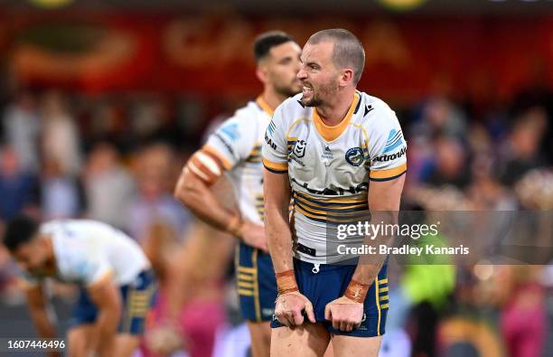 Clint Gutherson of the Eels looks dejected after his team loses the round 24 NRL match between the Brisbane Broncos and Parramatta Eels at The Gabba...