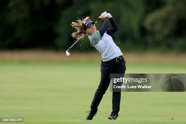 Brooke Henderson of Canada plays her second shot on the 7th hole on Day Two of the AIG Women's Open at Walton Heath Golf Club on August 11, 2023 in...
