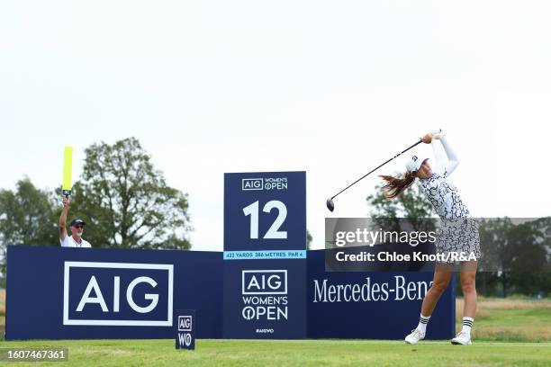 Amateur, Saki Baba of Japan tees off on the 12th hole on Day Two of the AIG Women's Open at Walton Heath Golf Club on August 11, 2023 in Tadworth,...