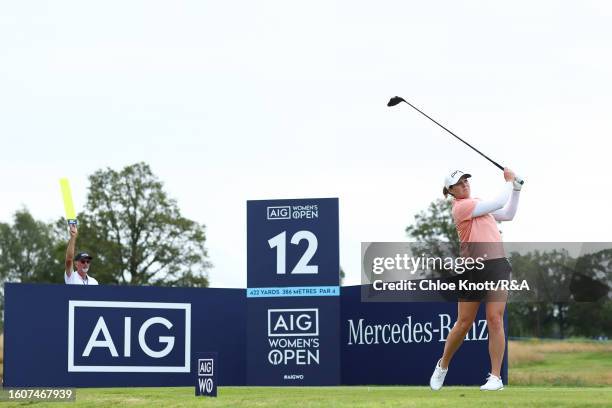 Ally Ewing of the United States tees off on the 12th hole on Day Two of the AIG Women's Open at Walton Heath Golf Club on August 11, 2023 in...