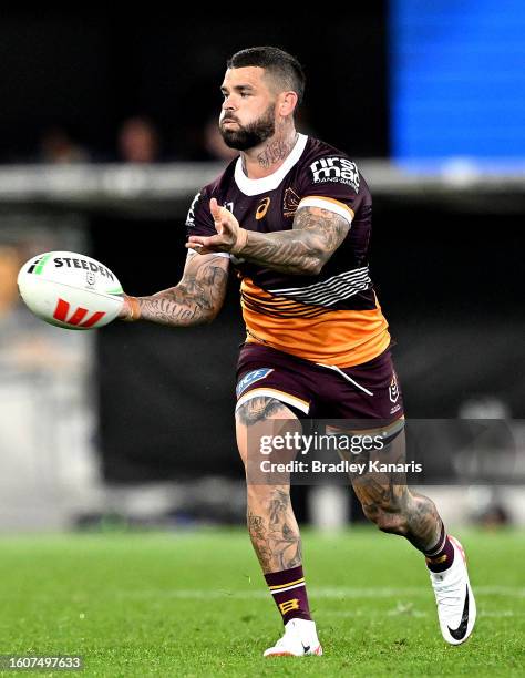 Adam Reynolds of the Broncos passes the ball during the round 24 NRL match between the Brisbane Broncos and Parramatta Eels at The Gabba on August...