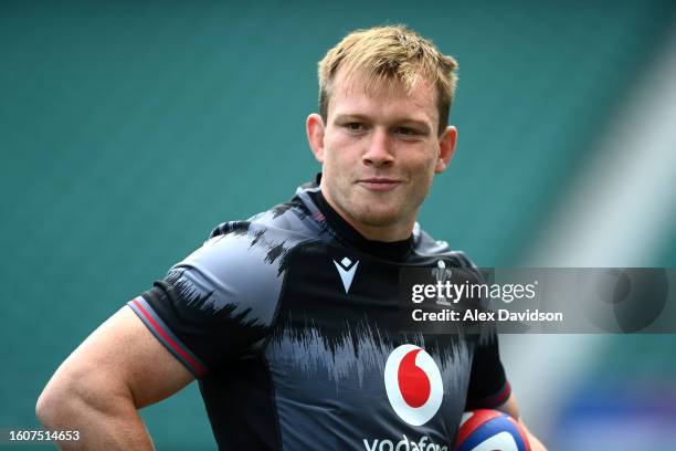 Nick Tompkins of Wales looks on during a training session at Twickenham Stadium on August 11, 2023 in London, England.