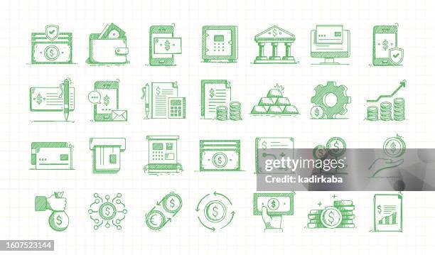 ilustraciones, imágenes clip art, dibujos animados e iconos de stock de conjunto de iconos de línea de garabatos vectoriales dibujados a mano de banca y dinero - cuenta de banco
