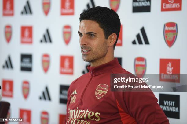 Arsenal manager Mikel Arteta attendas a press conference at London Colney on August 11, 2023 in St Albans, England.