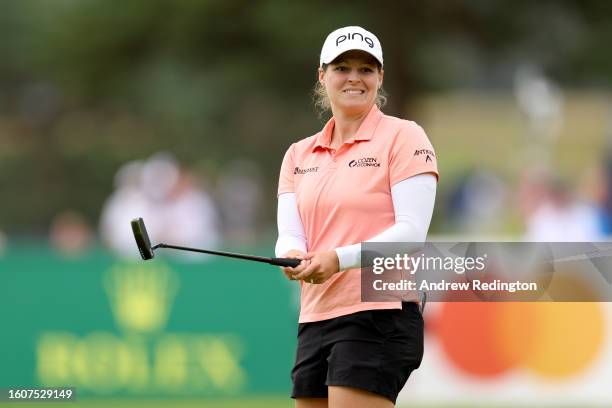 Ally Ewing of the United States reacts after playing her putt shot on the 18th hole on Day Two of the AIG Women's Open at Walton Heath Golf Club on...