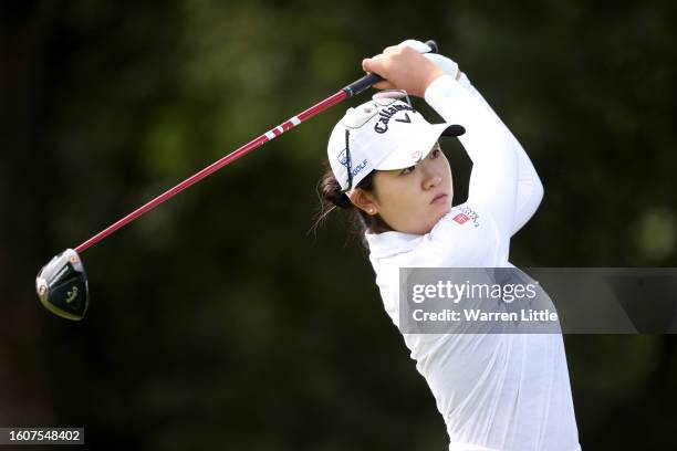 Rose Zhang of the United States plays her tee shot on the 8th hole on Day Two of the AIG Women's Open at Walton Heath Golf Club on August 11, 2023 in...