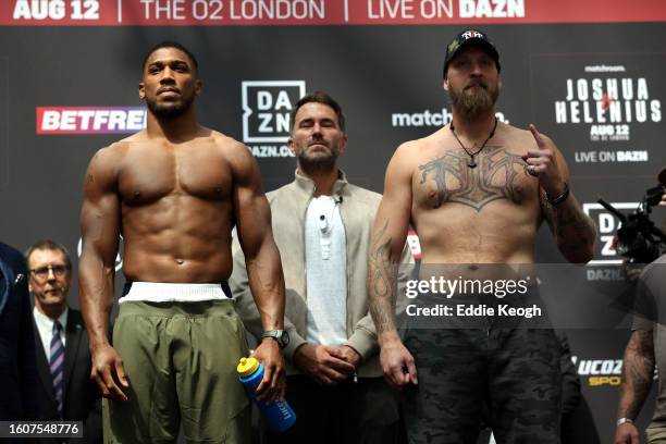 Anthony Joshua of United Kingdom and Robert Helenius of Finland pose for a photo during the Public Weigh-In between Anthony Joshua and Robert...