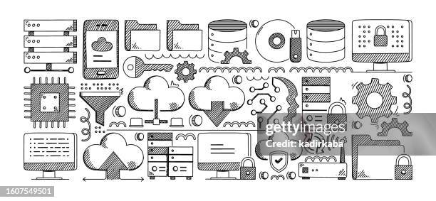 big data hand drawn vector doodle line icon set, artificial intelligence, cloud computing, downloading, hardware, network, database. - bluetooth abstract stock illustrations