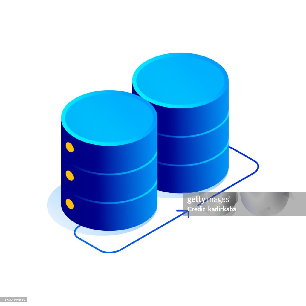 Vektorillustration des isometrischen Symbols der Computerdatenmigration und des dreidimensionalen Designs. Künstliche Intelligenz, Cloud Computing, Download, Hardware, Netzwerk, Datenbank.