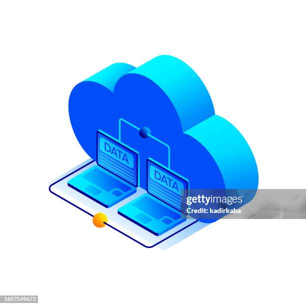 vector illustration of computer connection isometric icon and three dimensional design. artificial intelligence, cloud computing, downloading, hardware, network, database. - cloud computing isometric stock illustrations