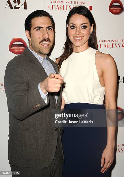 Actor Jason Schwartzman and actress Aubrey Plaza attend the premiere of "A Glimpse Inside The Mind Of Charlie Swan III" at ArcLight Hollywood on...