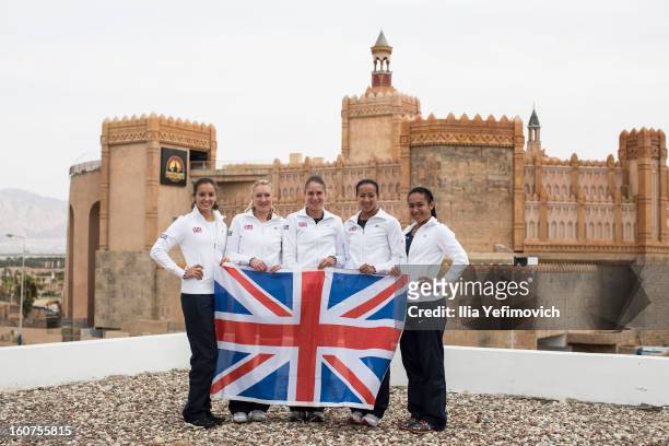 Laura Robson, Elena Baltacha, Johanna Konta, Anne Keothavong and Heather Watson of Great Britain Fed Cup Team 1. Pose for a photoshoot at the Sport...