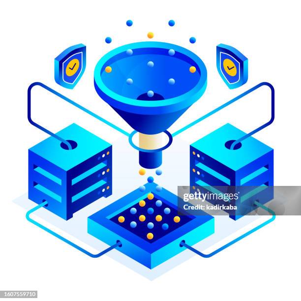 vector illustration of big data isometric icon set and three dimensional banner design. artificial intelligence, cloud computing, downloading, hardware, network, database. - isometric data stock illustrations