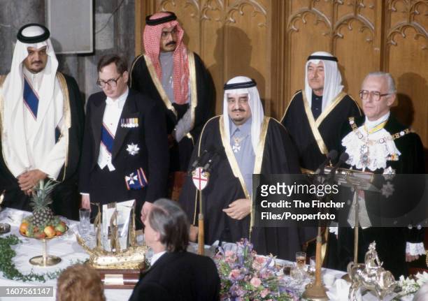 King Fahd bin Abdulaziz al Saud of Saudi Arabia with Prince Richard Duke of Gloucester during a dinner in the king's honour at the Guildhall in...