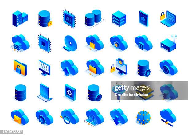 vector illustration of big data isometric icon set and three dimensional design. artificial intelligence, cloud computing, downloading, hardware, network, database. - three dimensional icon stock illustrations