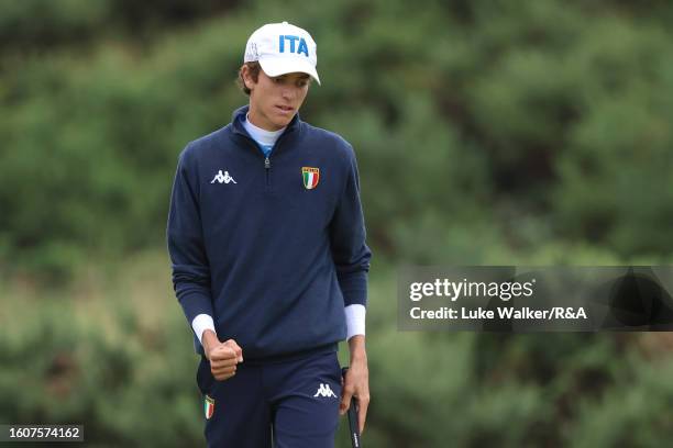 Michele Ferrero of Italy celebrates victory during Round Two of Matchplay on Day Four of the R&A Boys' Amateur Championship at Ganton Golf Club on...