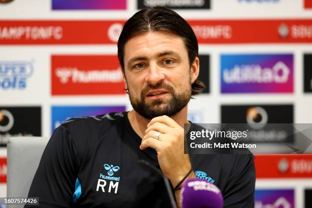 Southampton manager Russell Martin talks during a Southampton FC press conference at the Staplewood Campus on August 11, 2023 in Southampton, England.