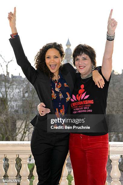 Thandie Newton and Eve Ensler attends a photocall to promote One Billion Rising, a global movement aiming to end violence towards women, at ICA on...