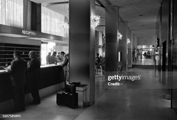 Picture taken in May 1969 of the reception desk of the Hilton Hotel, Avenue de Suffren in Paris. The Hilton hotel, the work of the French architect...