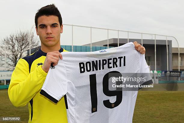 Filippo Boniperti of Parma FC poses with the club shirt during new signings official portraits at the club's training ground on February 5, 2013 in...