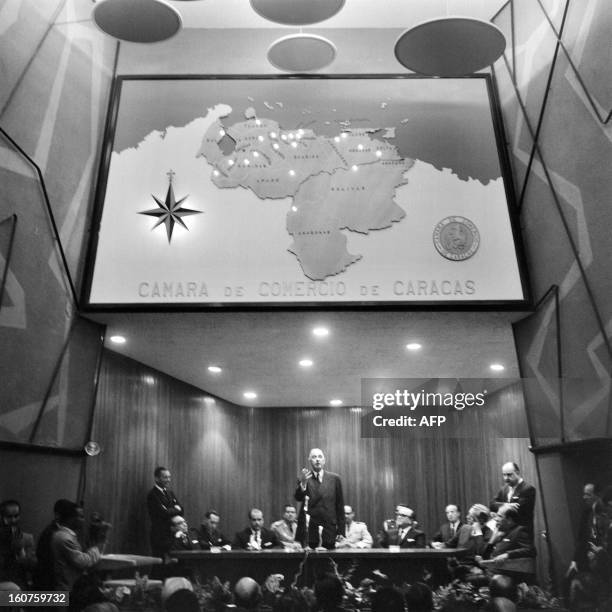 French president Charles de Gaulle gives a speech at the Caracas Chamber of commerce on September 21, 1964 during his official visit in Venezuala....