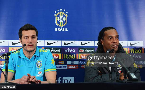 Goalkeeper Julio Cesar and Ronaldinho of Brazil face the media during a Brazil Press Conference at Wembley Stadium on February 5, 2013 in Wembley,...