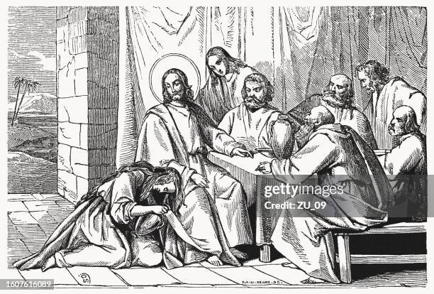 salbung jesu durch den sünder (lukas 7), holzschnitt, 1837 - maria magdalena stock-grafiken, -clipart, -cartoons und -symbole