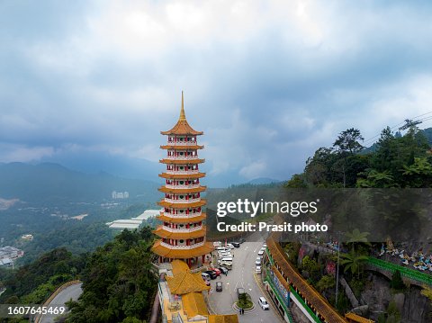 Aerial view of Chin Swee Caves Temple and cable car going up to Genting Highlands in Pahang, Malaysia.