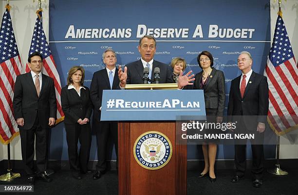 House Speaker John Boehner, R-OH, addresses the media following a Republican Conference meeting on February 5, 2013 at the US Capitol in Washington,...