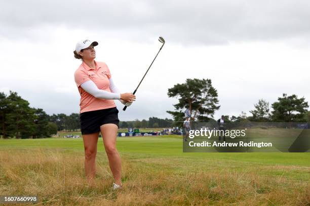 Ally Ewing of the United States plays her second shot on the 18th hole on Day Two of the AIG Women's Open at Walton Heath Golf Club on August 11,...