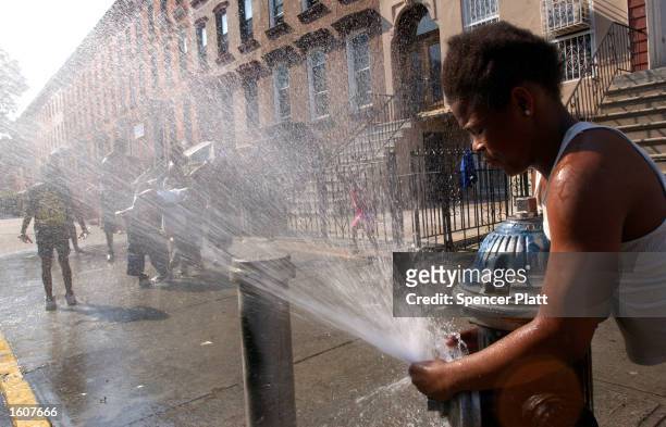 Girl directs the spray from an open fire hydrant as children try to cool off from the summer heat August 7, 2001 in the Brooklyn borough of New York...