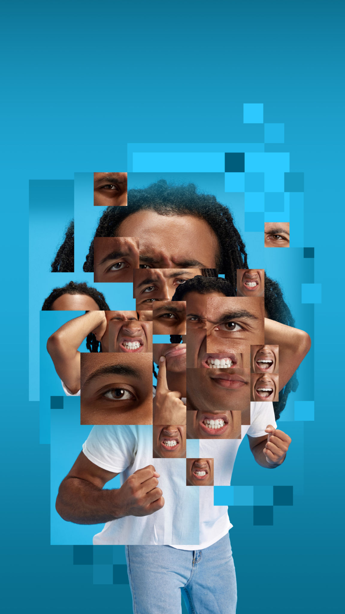 Young african man showing various emotions of calmness and anger against blue background. Creative conceptual design. Young african man showing various emotions of calmness and anger against blue background. Creative conceptual design.